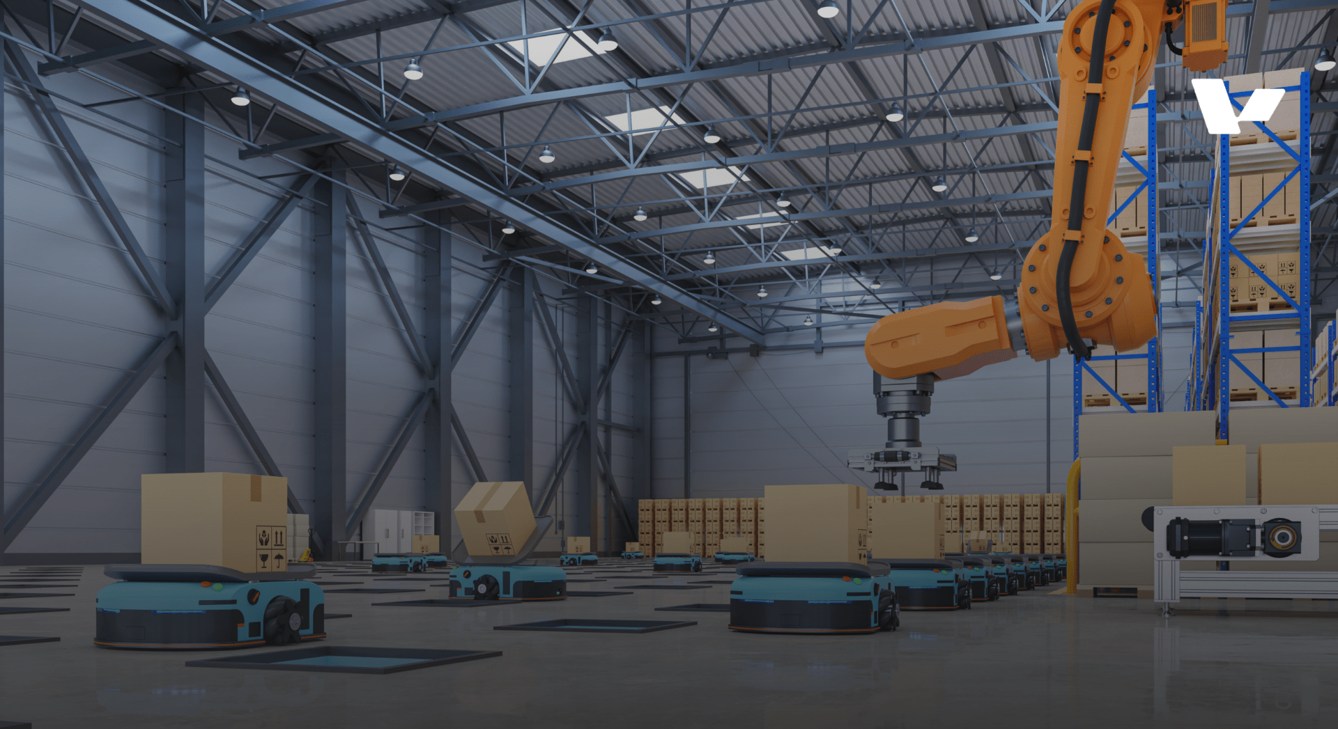 An automated warehouse featuring an orange robotic arm and several small blue mobile robots moving cardboard boxes across a large industrial floor.