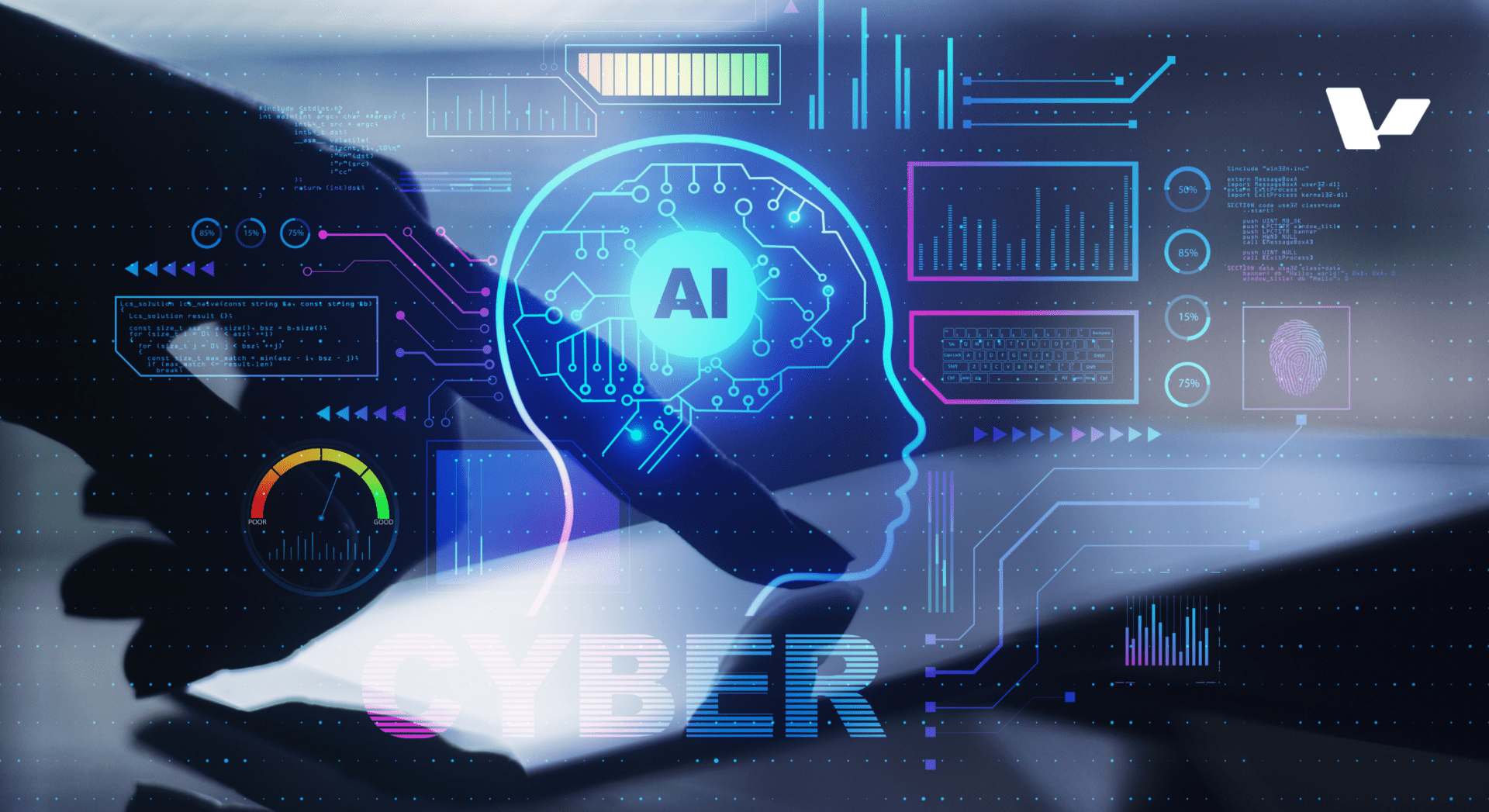 A silhouette of a hand interacting with a digital interface featuring an AI brain icon, data charts, and the word 'CYBER' in the foreground.