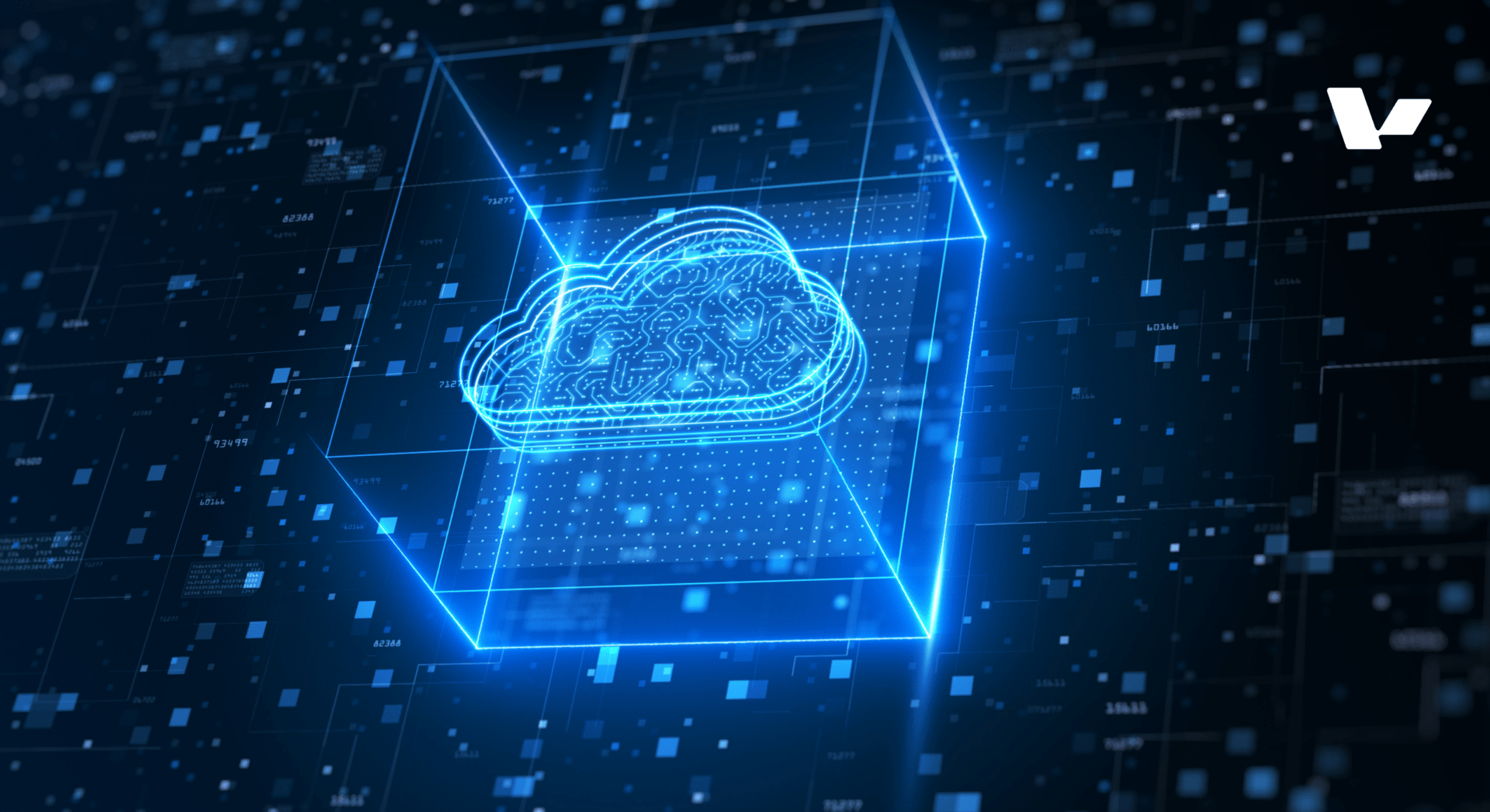 A glowing blue digital cloud icon enclosed in a transparent cube, set against a dark background of flowing data points and circuitry