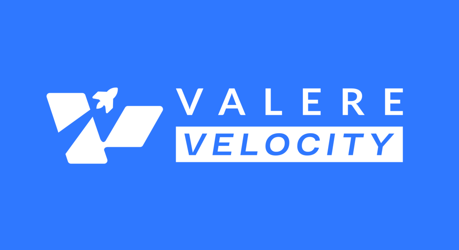 The Valere Velocity logo featuring a white stylized 'V' with a rocket icon taking off, next to the brand name in bold white text on a solid blue background.