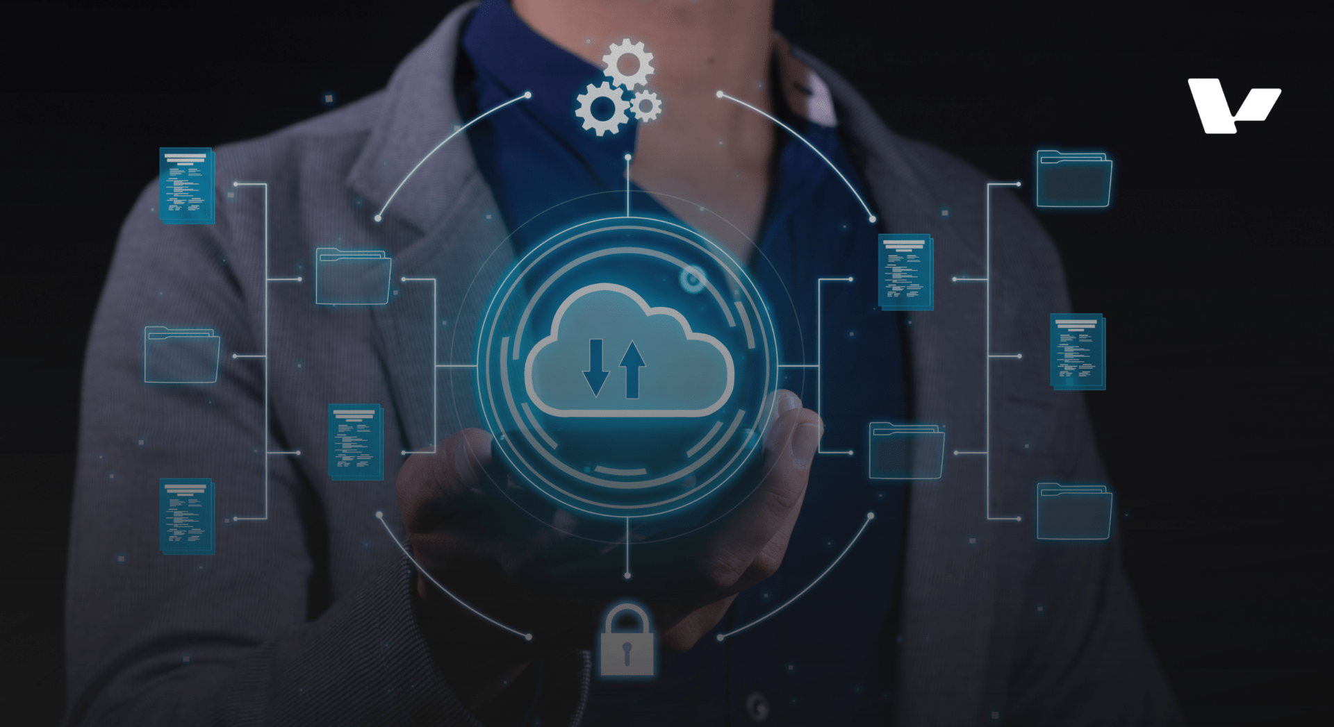 Business professional interacting with a cloud computing interface showing data files, system integration, and security icons.