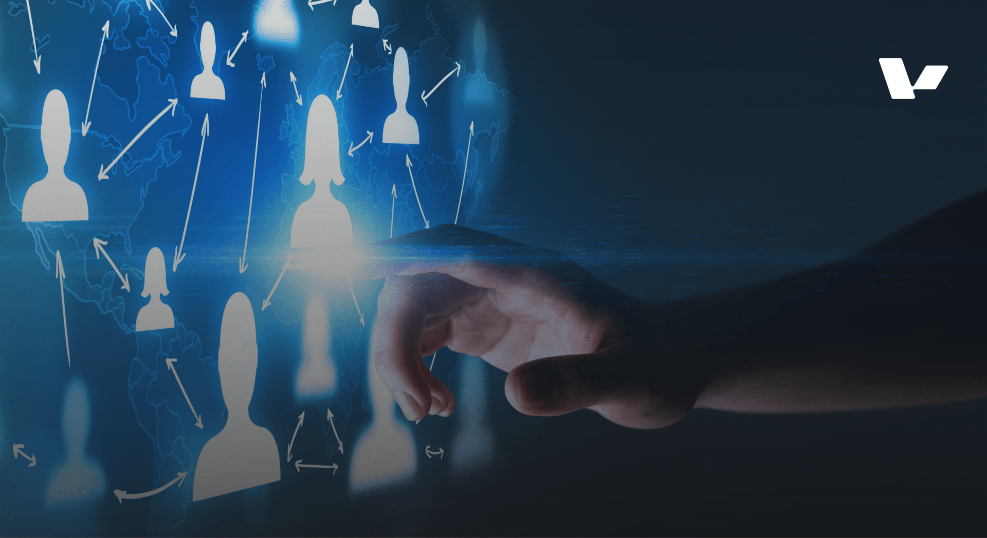 A close-up of a hand touching a glowing digital world map featuring interconnected human silhouettes, symbolizing global networking and strategic partnerships.