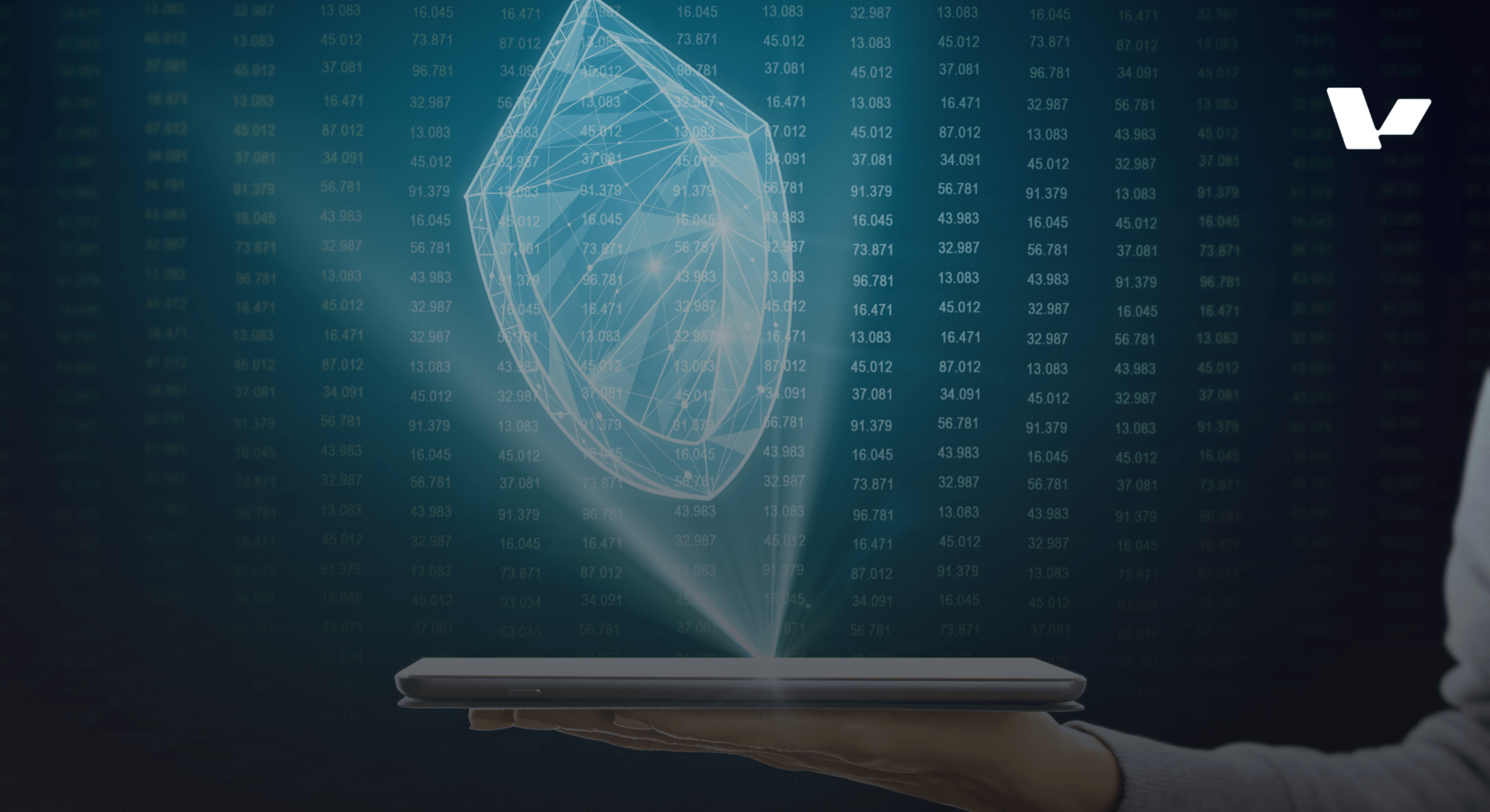 A hand holding a slim tablet that projects a glowing, multi-faceted blue crystal hologram against a dark background filled with digital data coordinates.