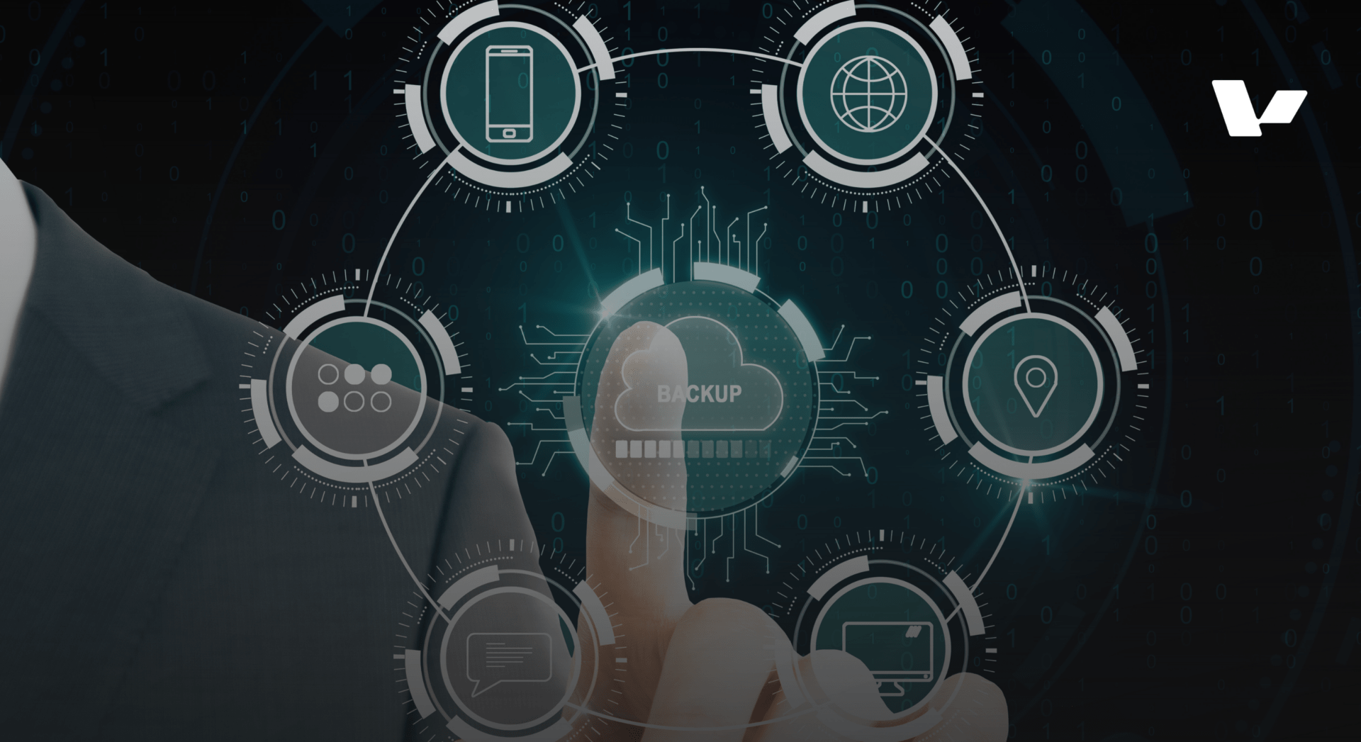 A close-up of a person's hand interacting with a circular digital interface, touching a central cloud icon labeled 'BACKUP' surrounded by various connectivity and data symbols.