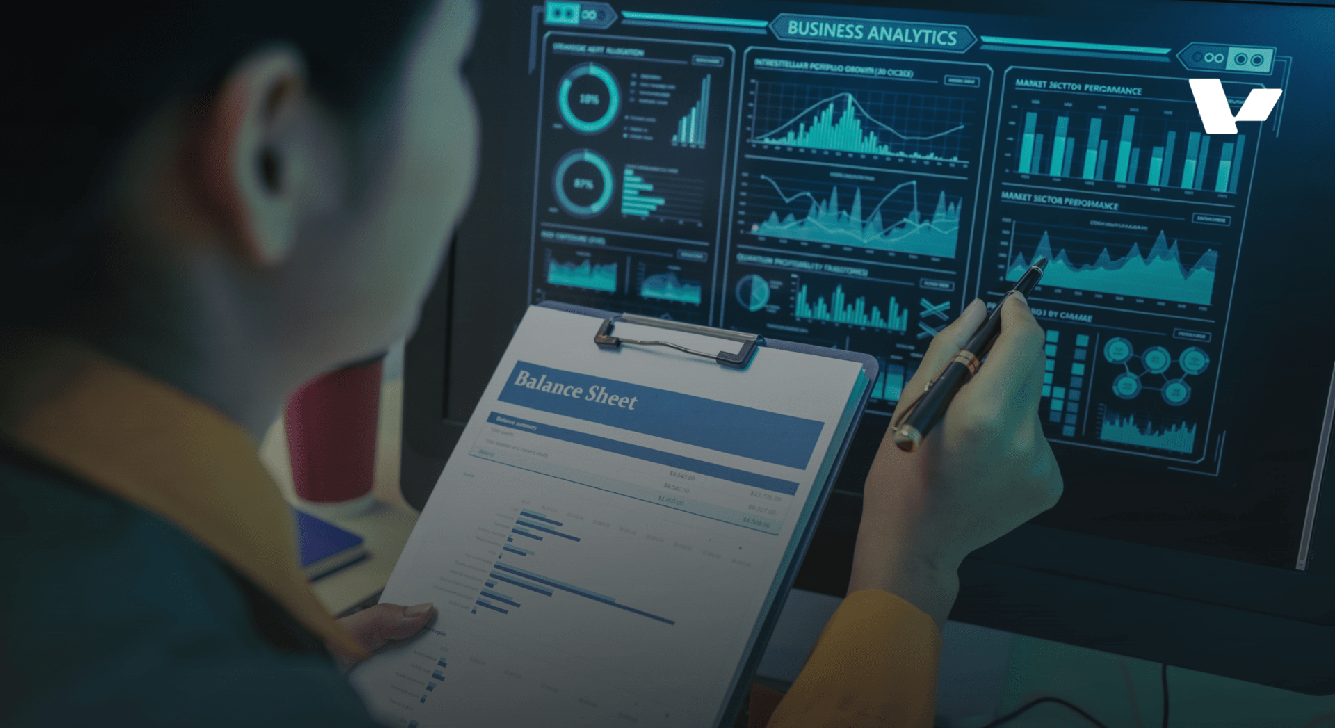 Data analysts in a high-tech facility monitoring multiple screens displaying neural network diagrams and 3D data visualizations.