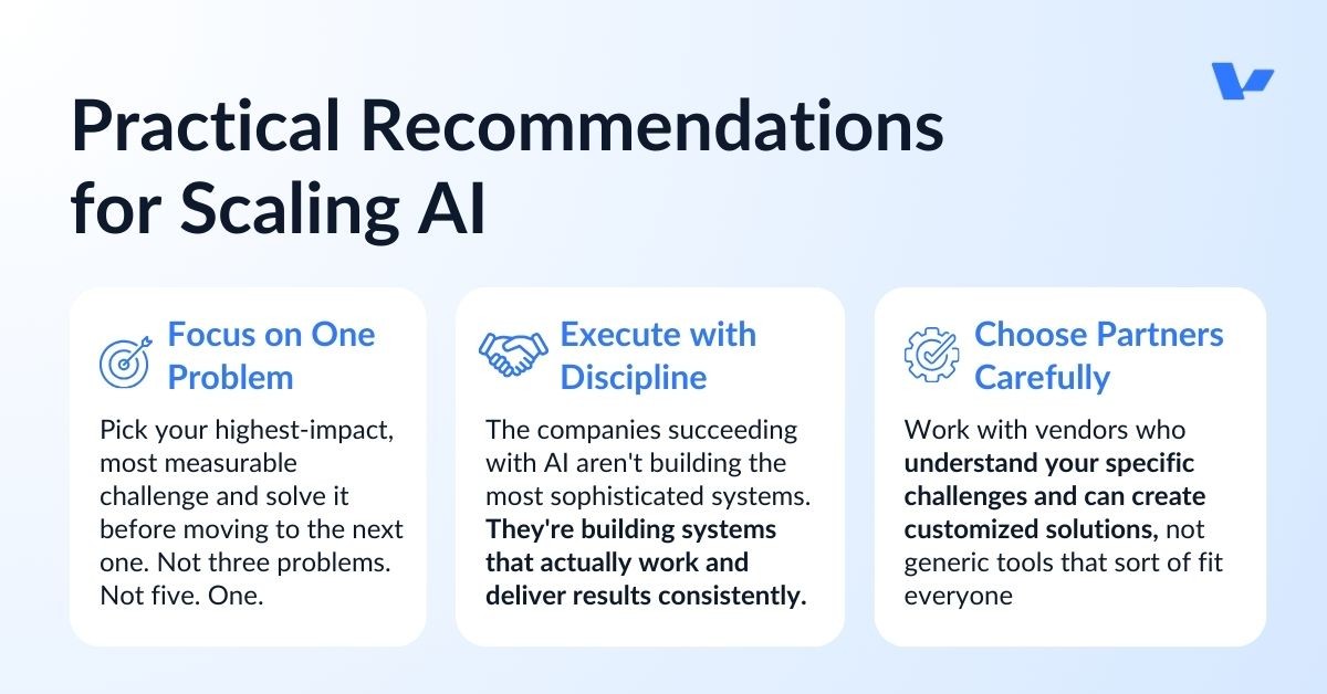 What the MIT Researchers Actually Recommend
The lead researcher behind the MIT study cut through all the complexity with three straightforward recommendations:
Focus on One Problem: Pick your highest-impact, most measurable challenge and solve it completely before moving to the next one. Not three problems. Not five. One.
Execute with Discipline: The companies succeeding with AI aren't building the most sophisticated systems. They're building systems that actually work and deliver results consistently.
Choose Partners Carefully: Work with vendors who understand your specific challenges and can create customized solutions, not generic tools that sort of fit everyone.
This advice sounds simple, but it's exactly what 95% of companies avoid doing.