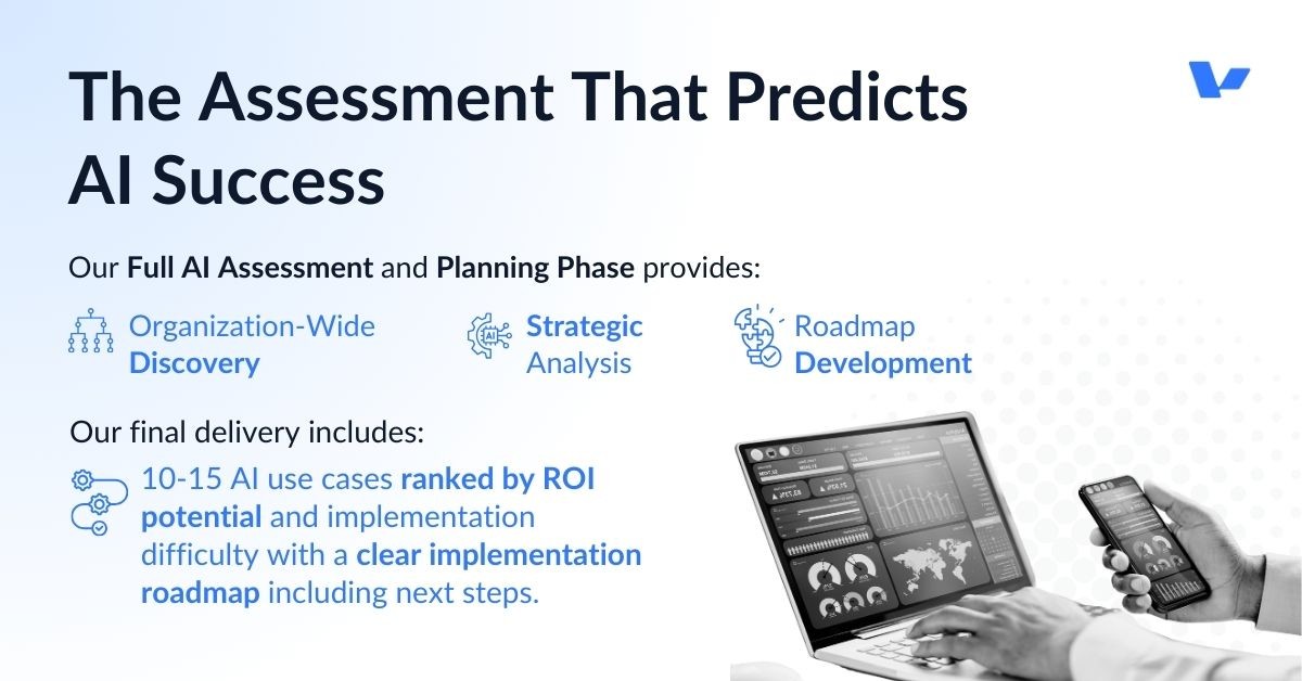 Valere's Complete AI Assessment Process:Organization-Wide Discovery
We begin with structured interviews across your entire organization to understand current state and identify opportunities. This captures who's using what tools and how effectively, existing workflows and operational friction points, potential use cases and pain points from every department, and AI knowledge levels and learning needs throughout the organization. Strategic Analysis We conduct focused interviews with key stakeholders to dive deeper into the most promising opportunities and ensure alignment with business strategy.
These conversations explore high-potential use cases that warrant further investigation, workflow analysis and technology readiness, connections between AI opportunities and business objectives, and feasibility assessment including organizational change requirements. Roadmap Development We synthesize findings into a prioritized action plan that connects AI capabilities to business outcomes. 