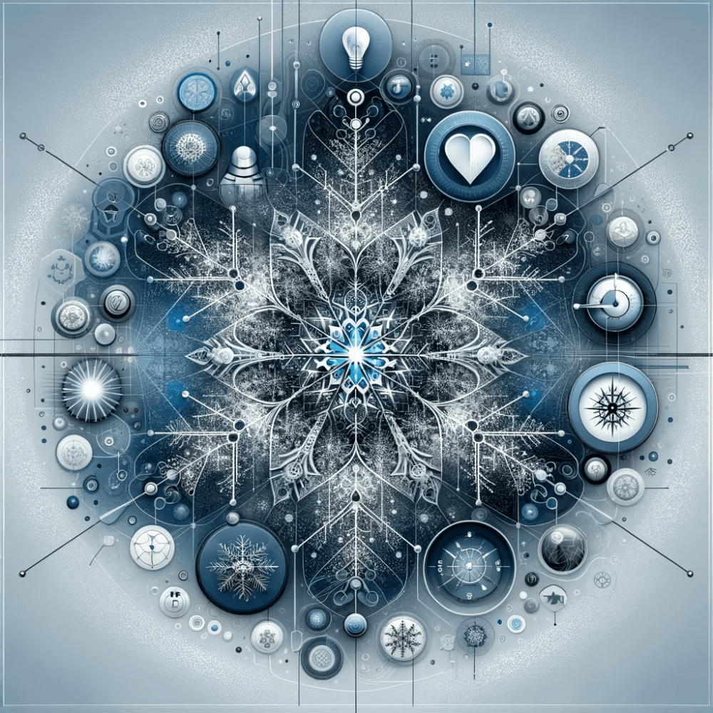 Abstract image featuring a central intricate snowflake symbolizing unique entrepreneurial journeys. Surrounding it are icons representing key traits: a compass for direction, a light bulb for innovation, a heart for passion, and interconnected nodes for networking and teamwork. The image uses a sophisticated palette of blues, silvers, and whites, embodying Valere's sleek and modern branding.