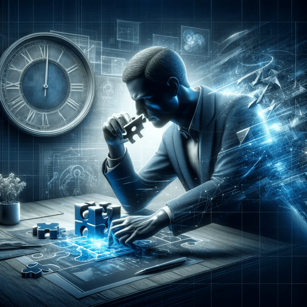 An image showing a figure deeply engrossed in solving a complex, three-dimensional puzzle, symbolizing an entrepreneur's dedication to tackling long-term challenges. The background features a modern, minimalist workspace with a clock indicating the passage of time. The color palette of blues, greys, and whites reflects Valere's professional branding, emphasizing focus and determination