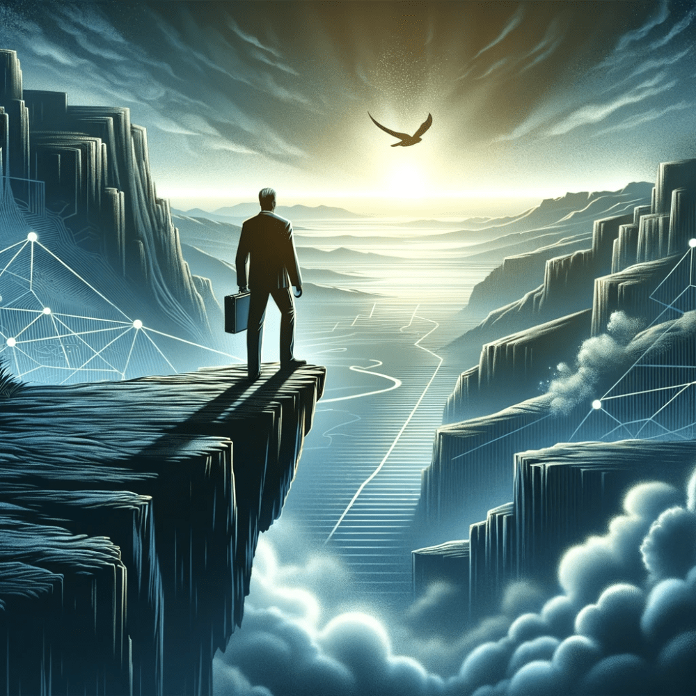 Image depicting an entrepreneur standing at the edge of a metaphorical cliff, overlooking a landscape of opportunities and challenges. The figure symbolizes determination and readiness to take calculated risks, set against a backdrop of pathways and distant mountains, in a color palette of blues and greys, embodying Valere's professional and bold branding.