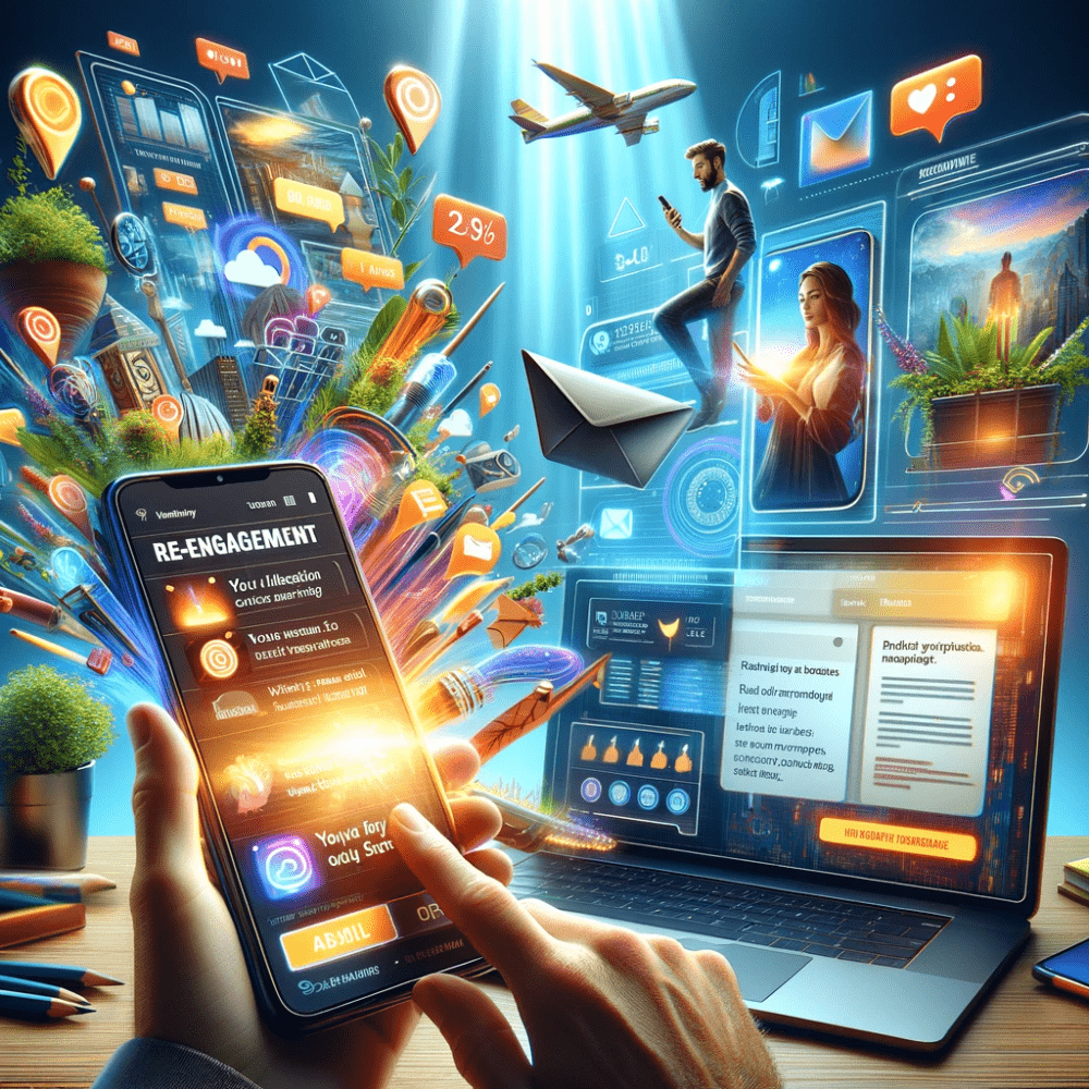  A smartphone and a laptop displaying vibrant push notifications and personalized email offers, symbolizing re-engagement in a professional yet inviting digital environment.