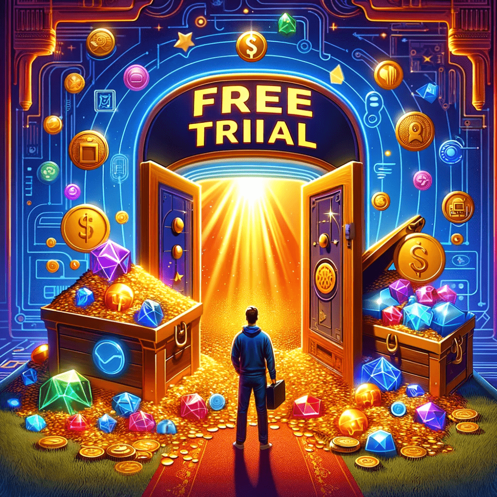 A digital illustration of a user standing at the entrance to an open digital treasure chest, overflowing with jewels, gold coins, and digital tools, symbolizing the rich potential of free trials in digital product engagement.