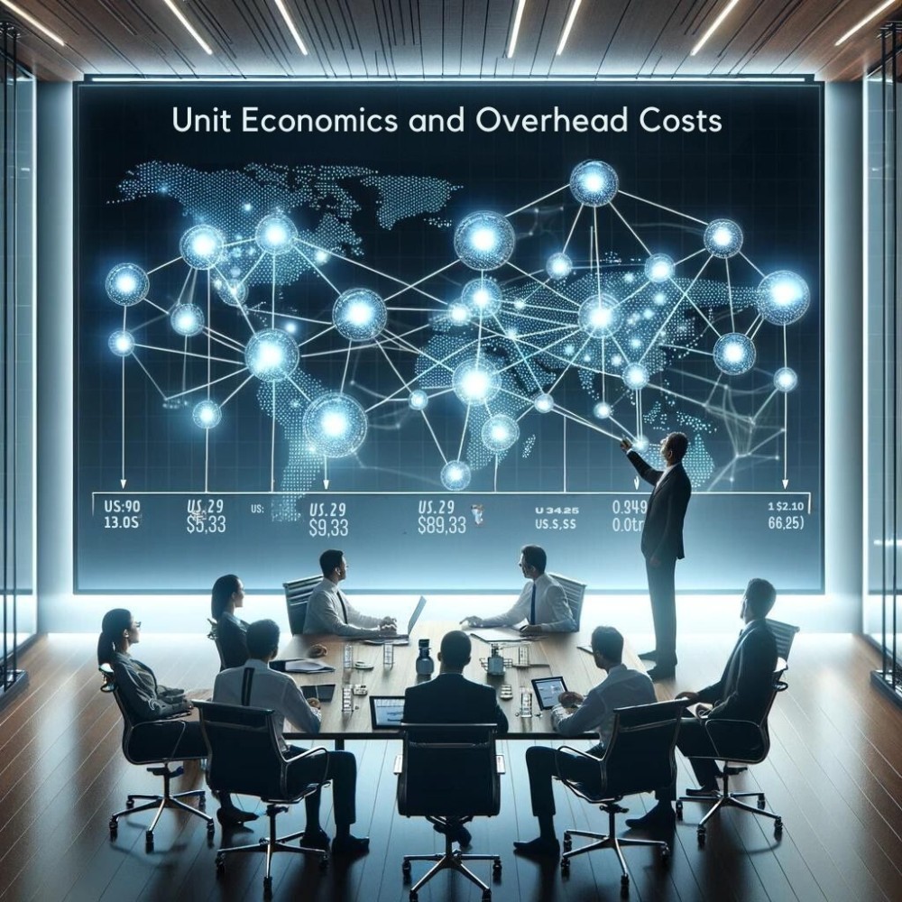 A team of professionals at Valere engaged in a financial meeting, examining charts of unit economics on a digital display in a modern office setting