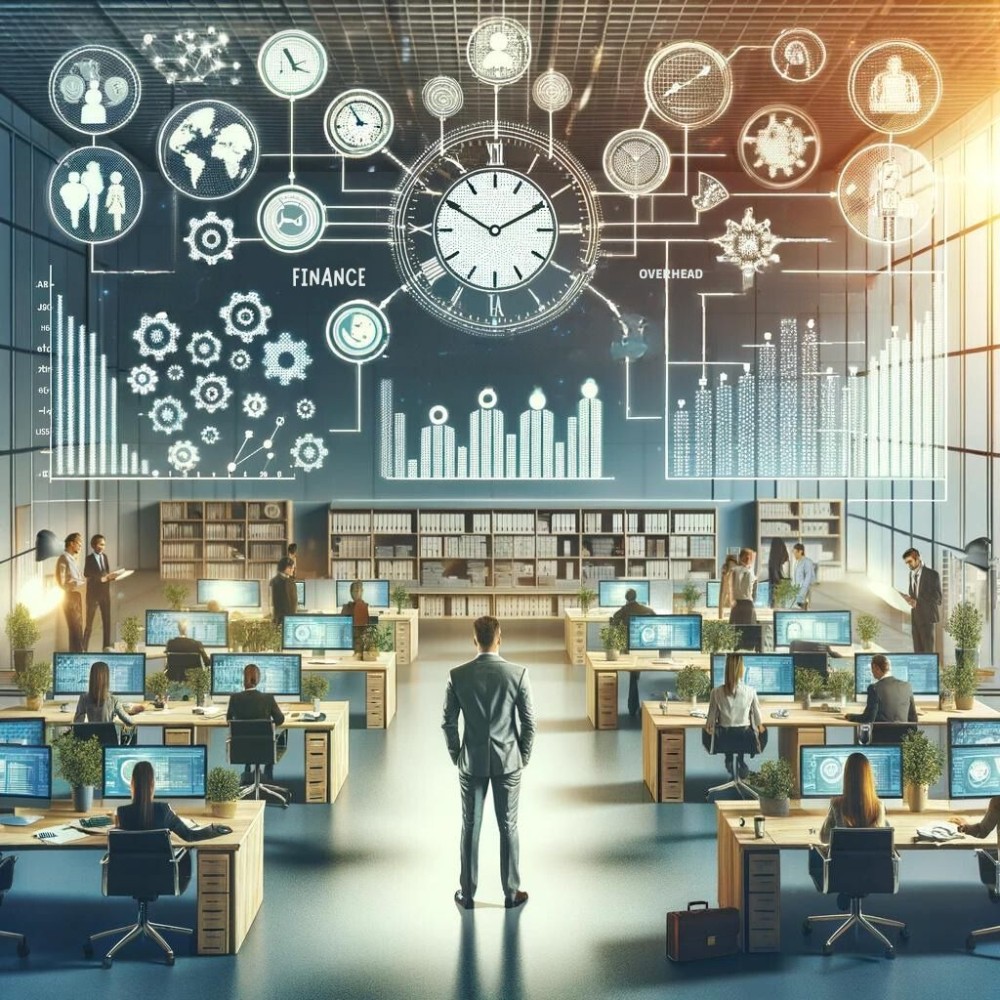 Valere's operations center buzzing with activity, showcasing employees at their desks with multiple clocks and organizational charts, reflecting the company's global presence and operational efficiency.