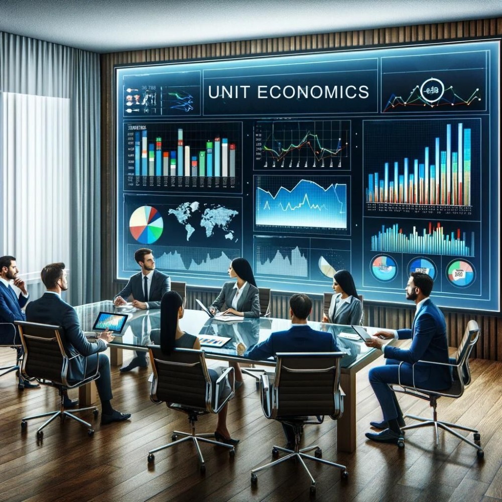 Valere's corporate team in a conference room, focusing on an interactive display with a network of nodes, symbolizing the intricate relationship between unit economics and overhead costs.