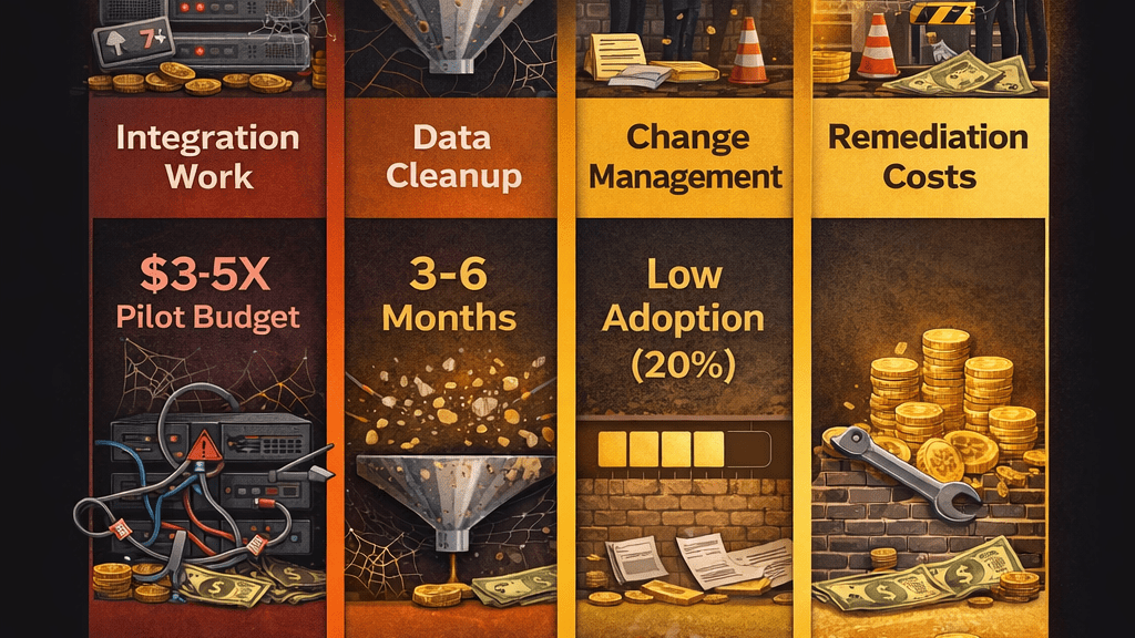 Data cleanup: The vendor assumed your data was ready. It's not. You need 3-6 months of cleanup work before the AI can even start training properly.
Integration work: The demo made it look seamless. In reality, your systems don't have proper APIs. You need custom middleware. Scaling often costs 3-5 times the pilot project budget, according to Forrester Research.
Change management: Your team doesn't trust the new system. They keep using the old workflows. Adoption remains at 20% after six months. You need training, communication, incentives, and process redesign.
Remediation costs: The initial implementation failed. Now you're paying a second team to diagnose what went wrong and rebuild it properly.