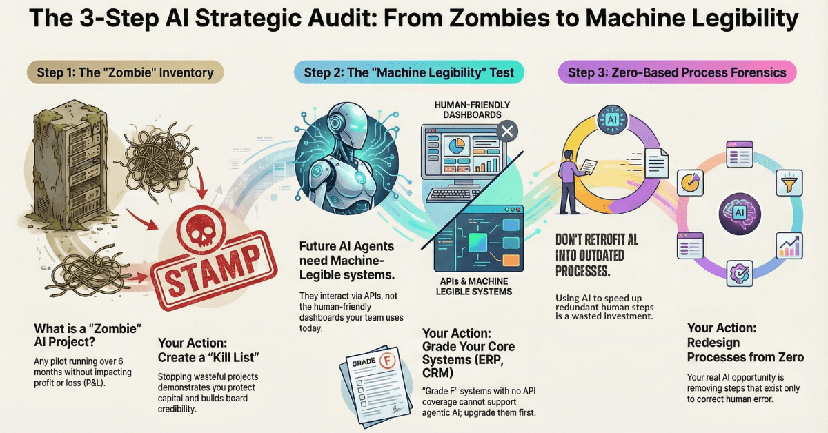 Step 1: The "Zombie" Inventory – Kill projects that haven't touched the P&L in 6 months.


Step 2: The "Machine Legibility" Test – Grade core systems on API coverage rather than human dashboards.



Step 3: Zero-Based Process Forensics – Redesigning workflows from scratch for AI instead of retrofitting old ones.